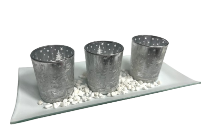 Set of 4 Glass Candle Holders with Tray - gray