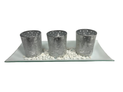 Set of 4 Glass Candle Holders with Tray - gray