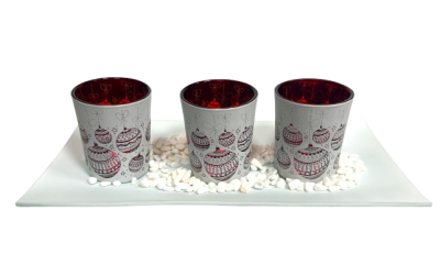 Set of 4 Glass Candle Holders with Tray - white